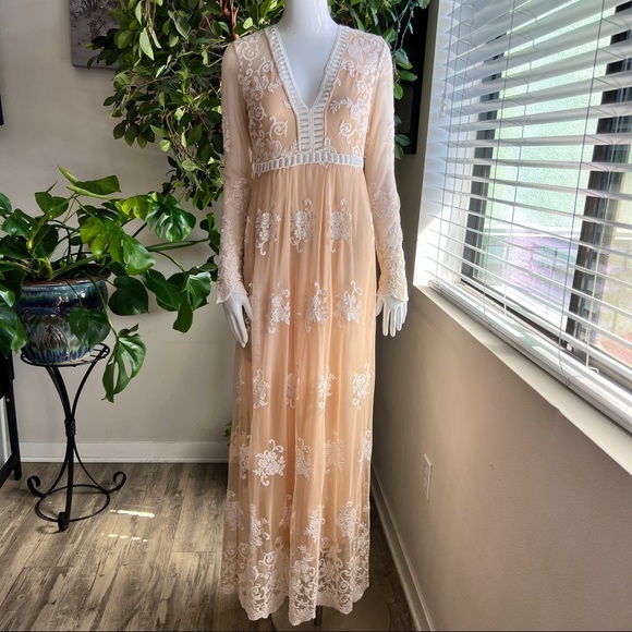Dresses & Skirts - Sheer Nude Embroidered Lace Long-Sleeve Maxi Dress